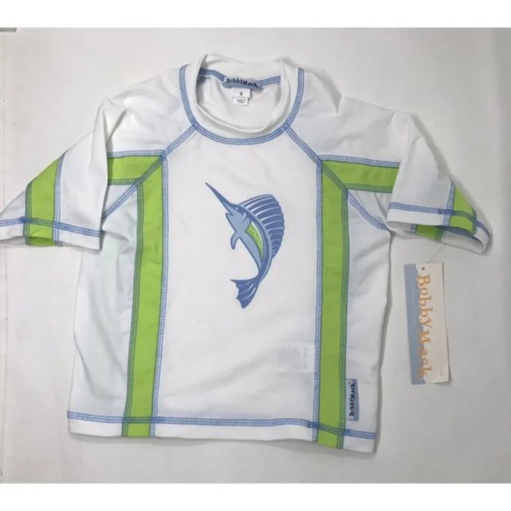 Bobby Mack Boys White, Blue, Green Short-Sleeve Rashguard Marlin Fish Print